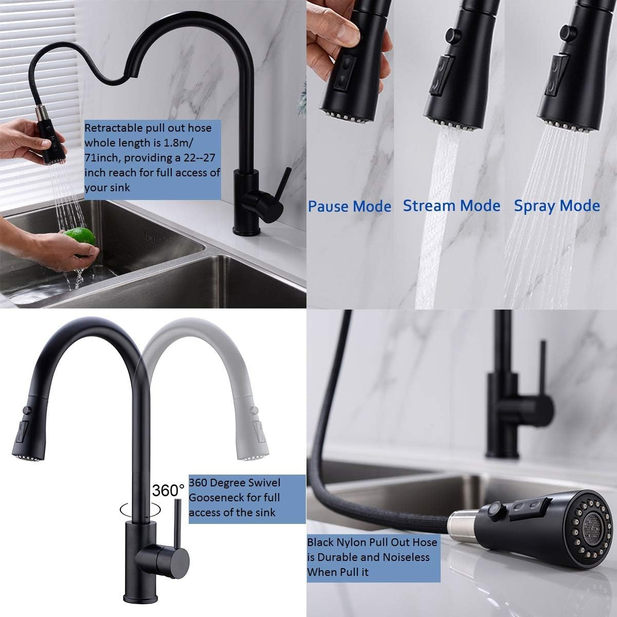 Matte Black Pause Function Pre-Rinse Kitchen Faucet with Pull down Sprayer