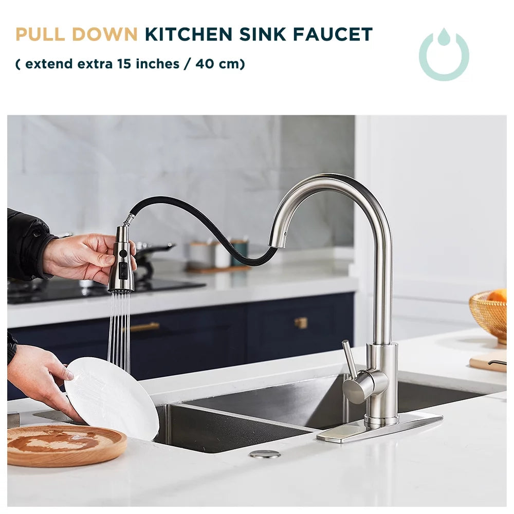 Brushed Nickel Kitchen Sink Faucet w/ Pull Down Sprayer 