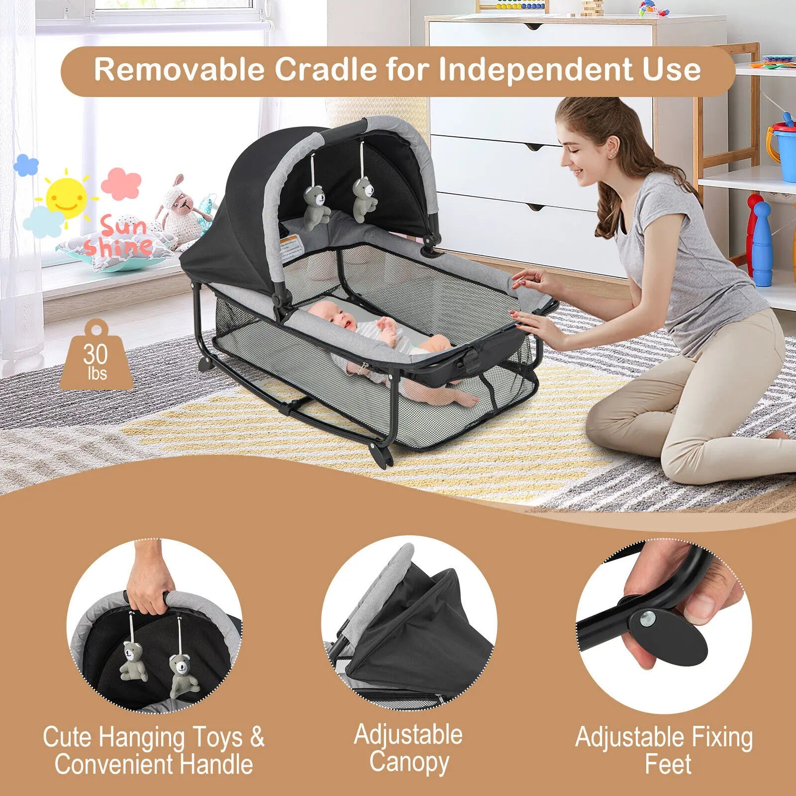 5 in 1 Portable Nursery Center W/ Cradle & Storage Basket