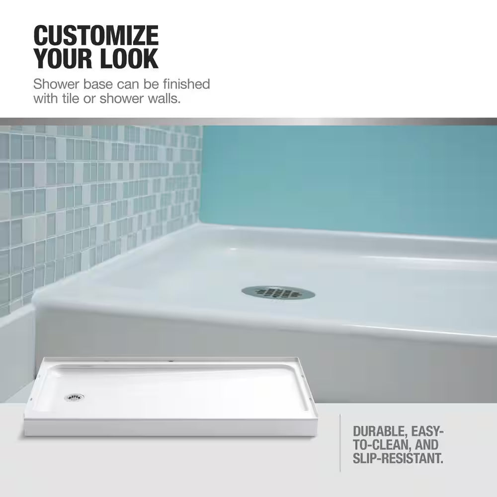 Alcove Shower Pan Base with Right Drain in White