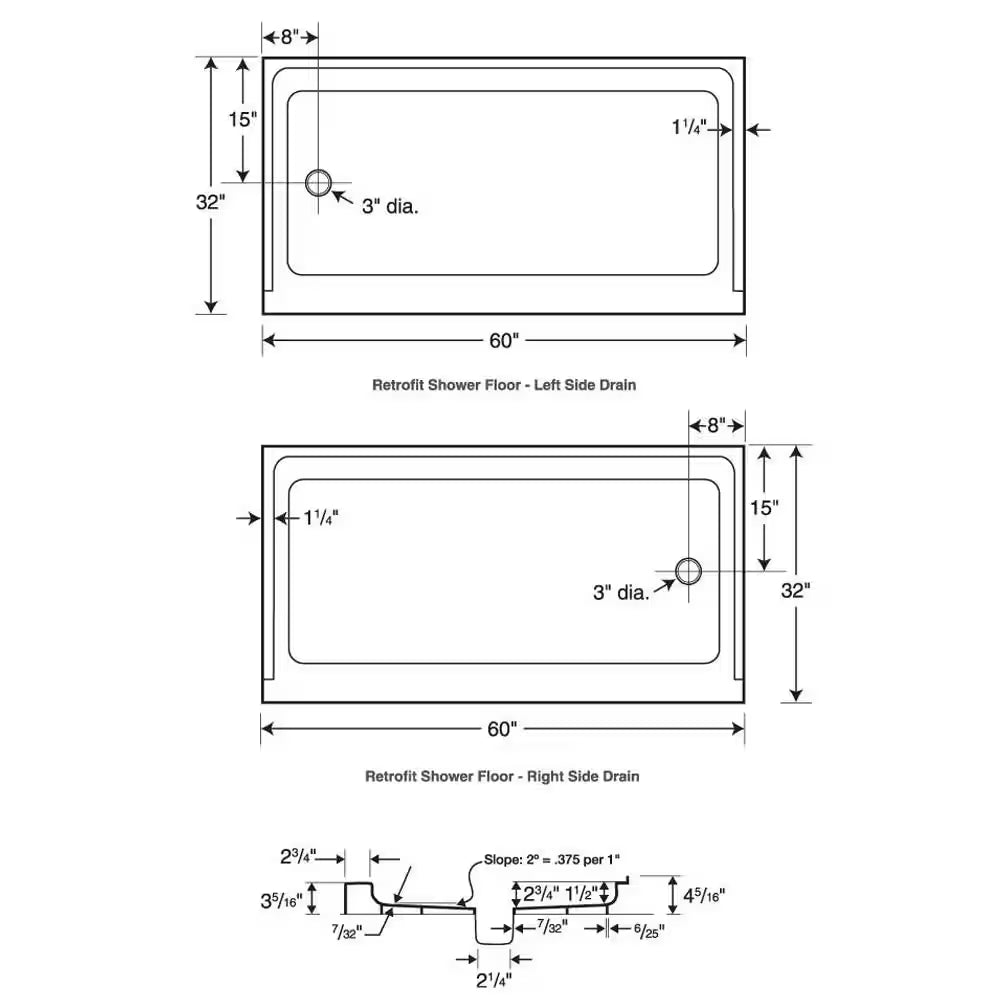 Single Threshold Retrofit Left Drain Shower Pan in White