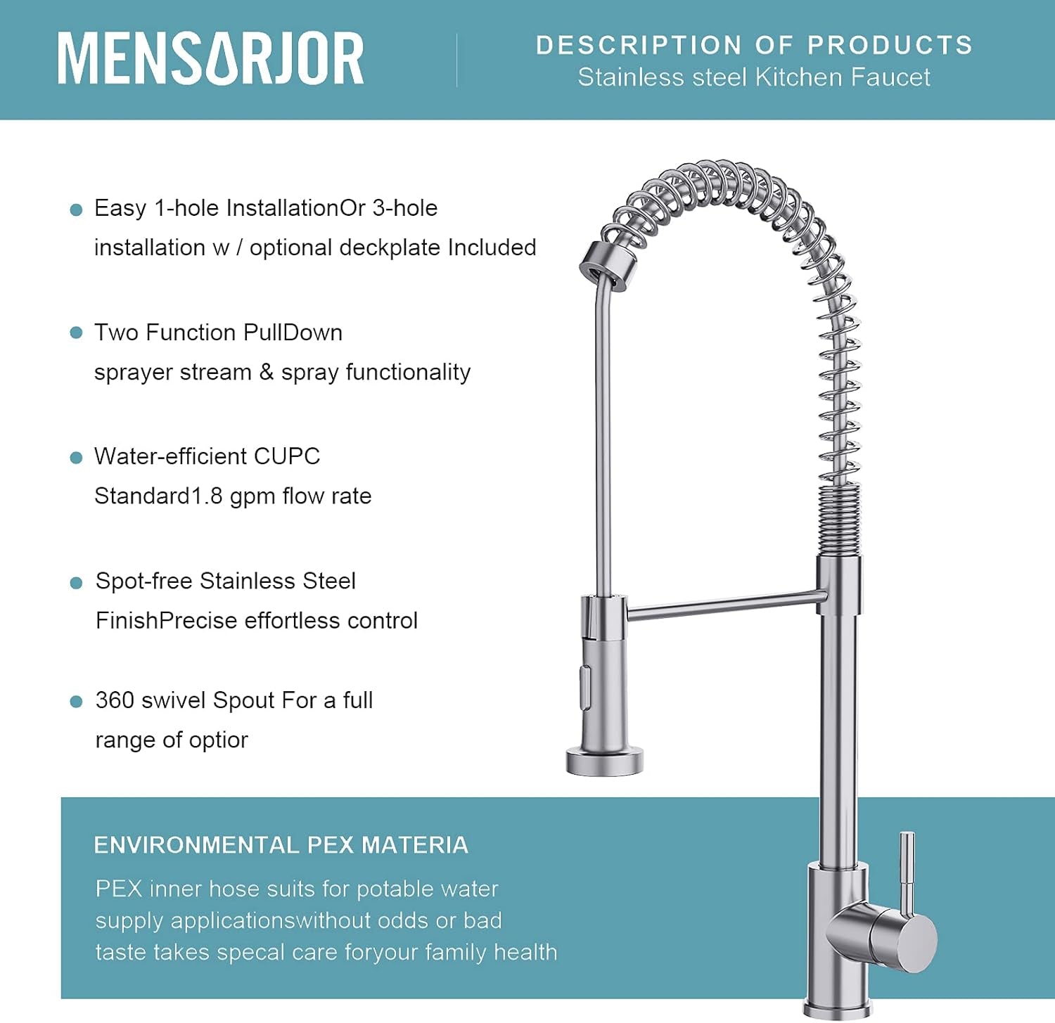 Stainless Steel Single Handle Farmhouse Kitchen Sink Faucet