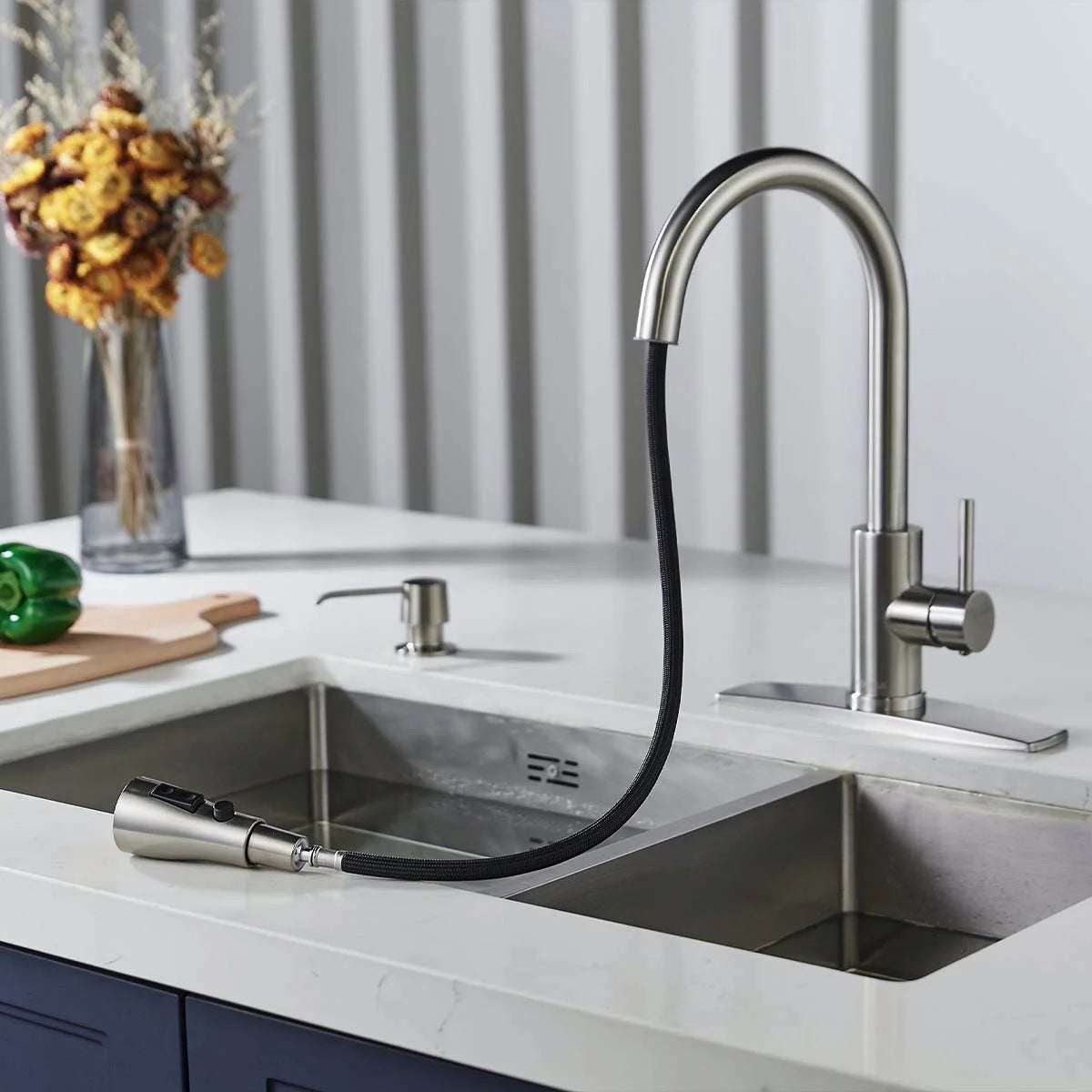 Brushed Nickel Kitchen Sink Faucet w/ Pull Down Sprayer 