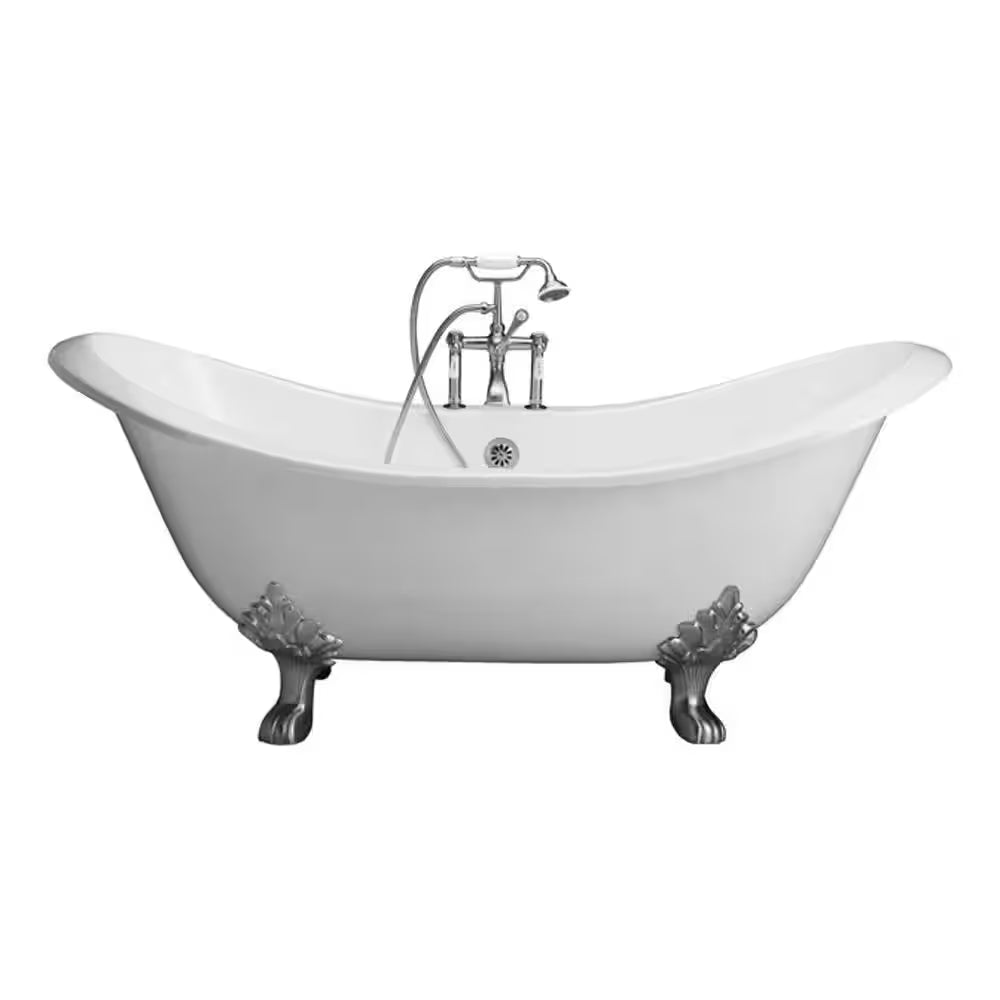 White Cast Iron Lion Paw Feet Double Slipper Tub with Polished Chrome Accessories